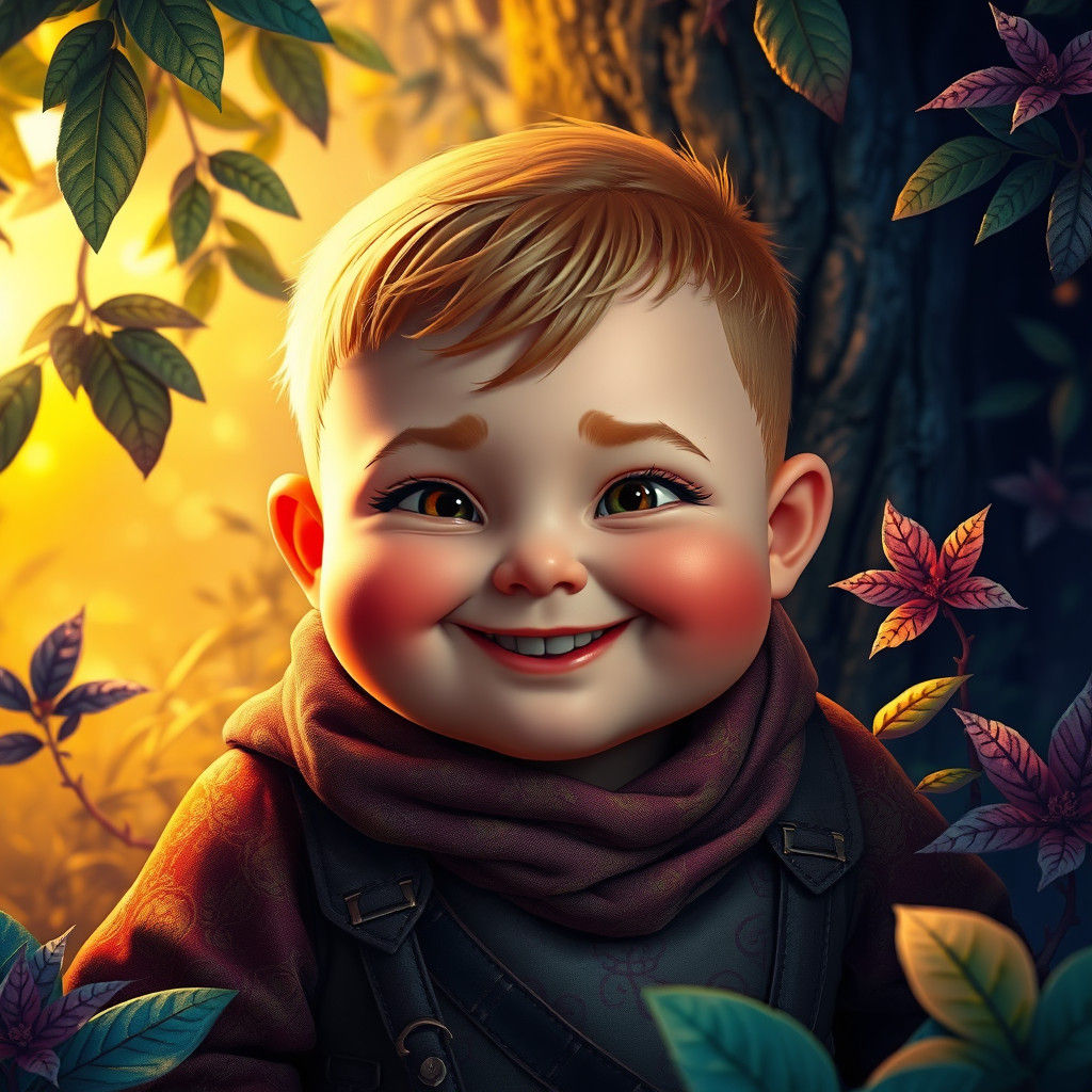 Chubby Boy in Lush Fantasy Landscape