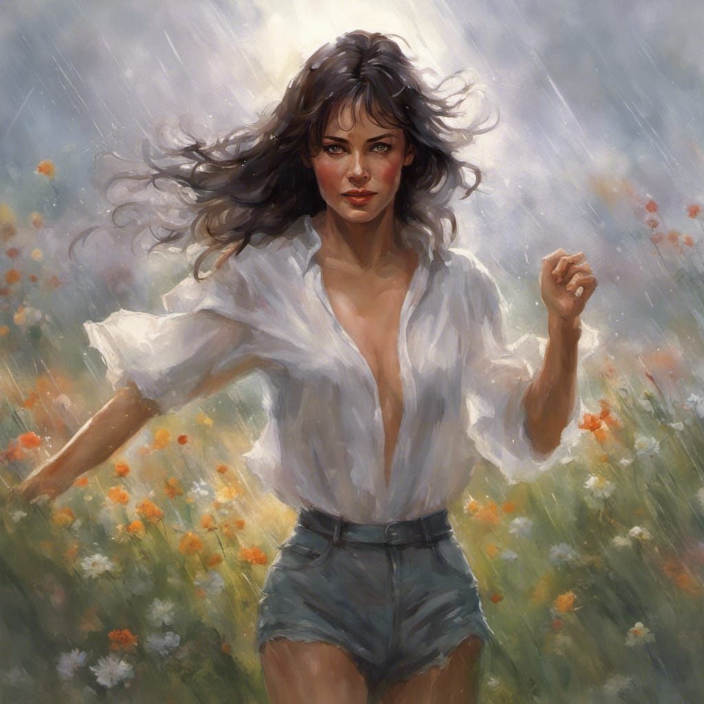 Rain-Kissed Portrait: Woman Dancing in Flower Meadow