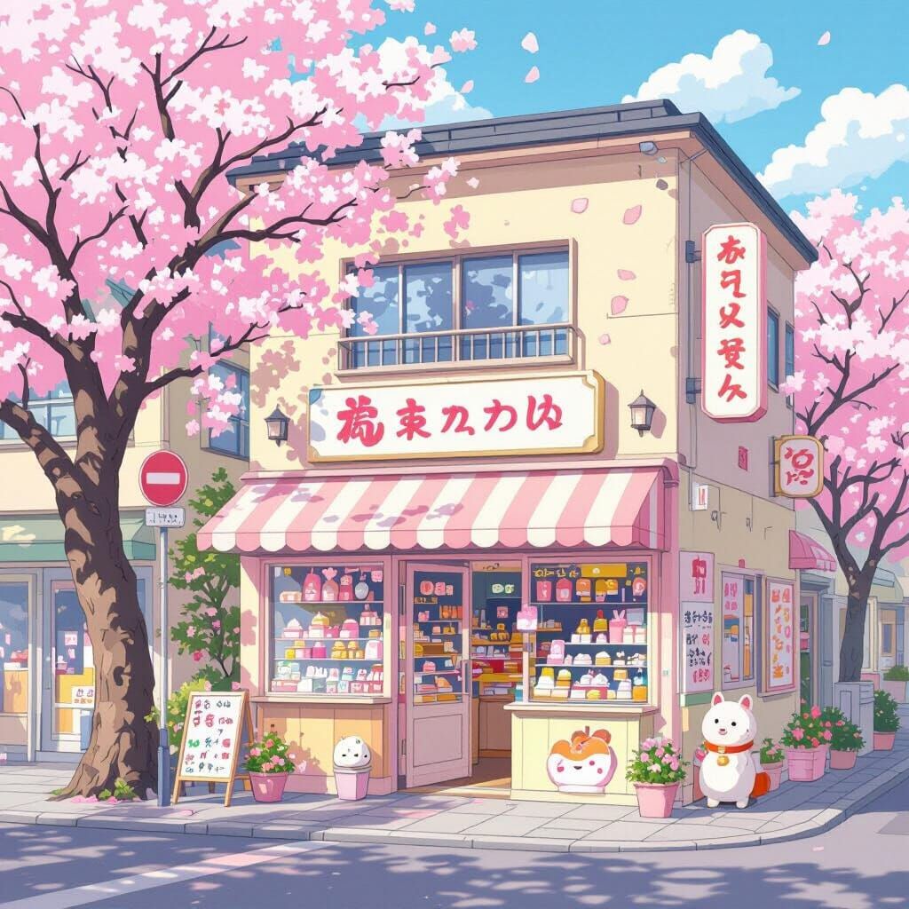 Pastel Tokyo Street Scene with Cherry Blossoms