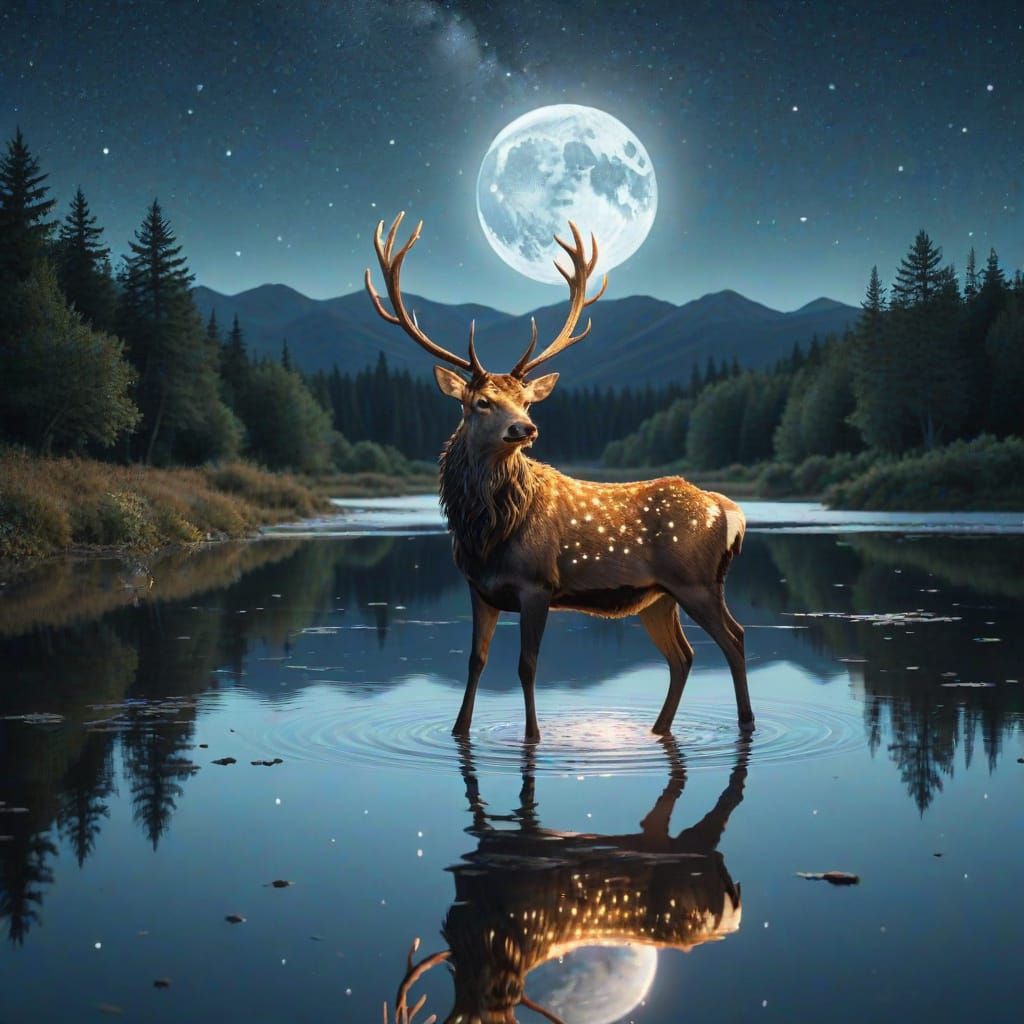 Luminous Stag with Starry Antlers in Moonlit Lake