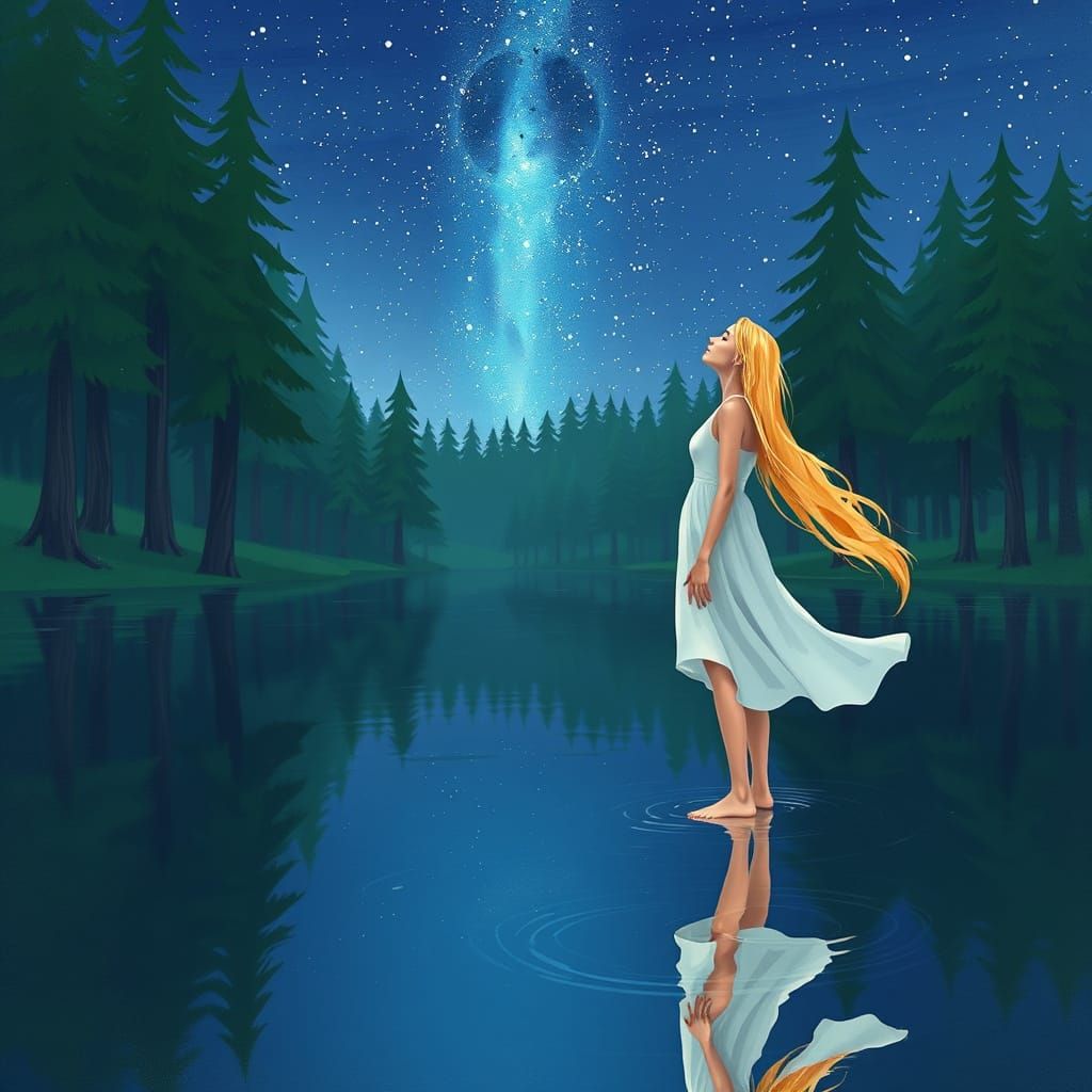 Woman Gazing at Starry Reflection in Water