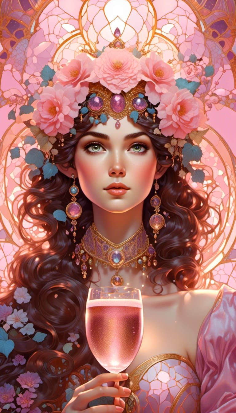 Girl Sipping Champagne in Ornate Watercolor Style