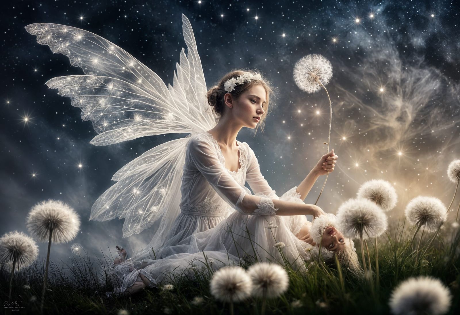Ethereal Fairy on Dandelion in Galactic Sky
