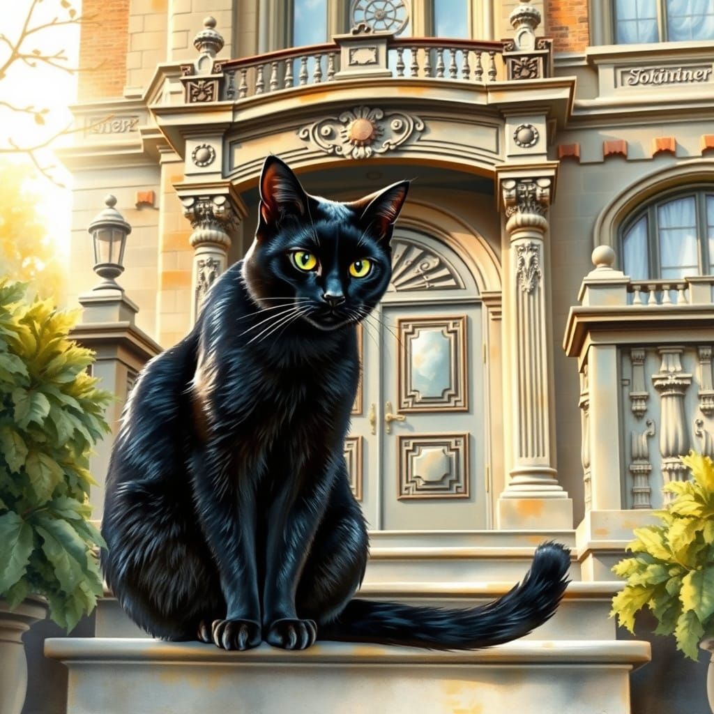 Elegant Black Cat Adorns Victorian Mansion