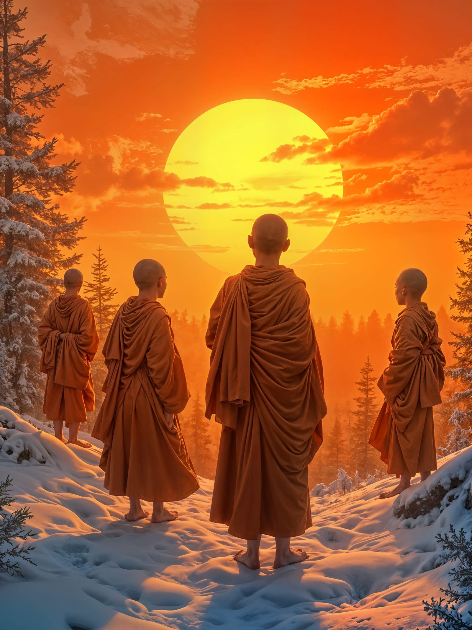 Himalayan Monks at Dawn: Fiery Sunrise Silhouette
