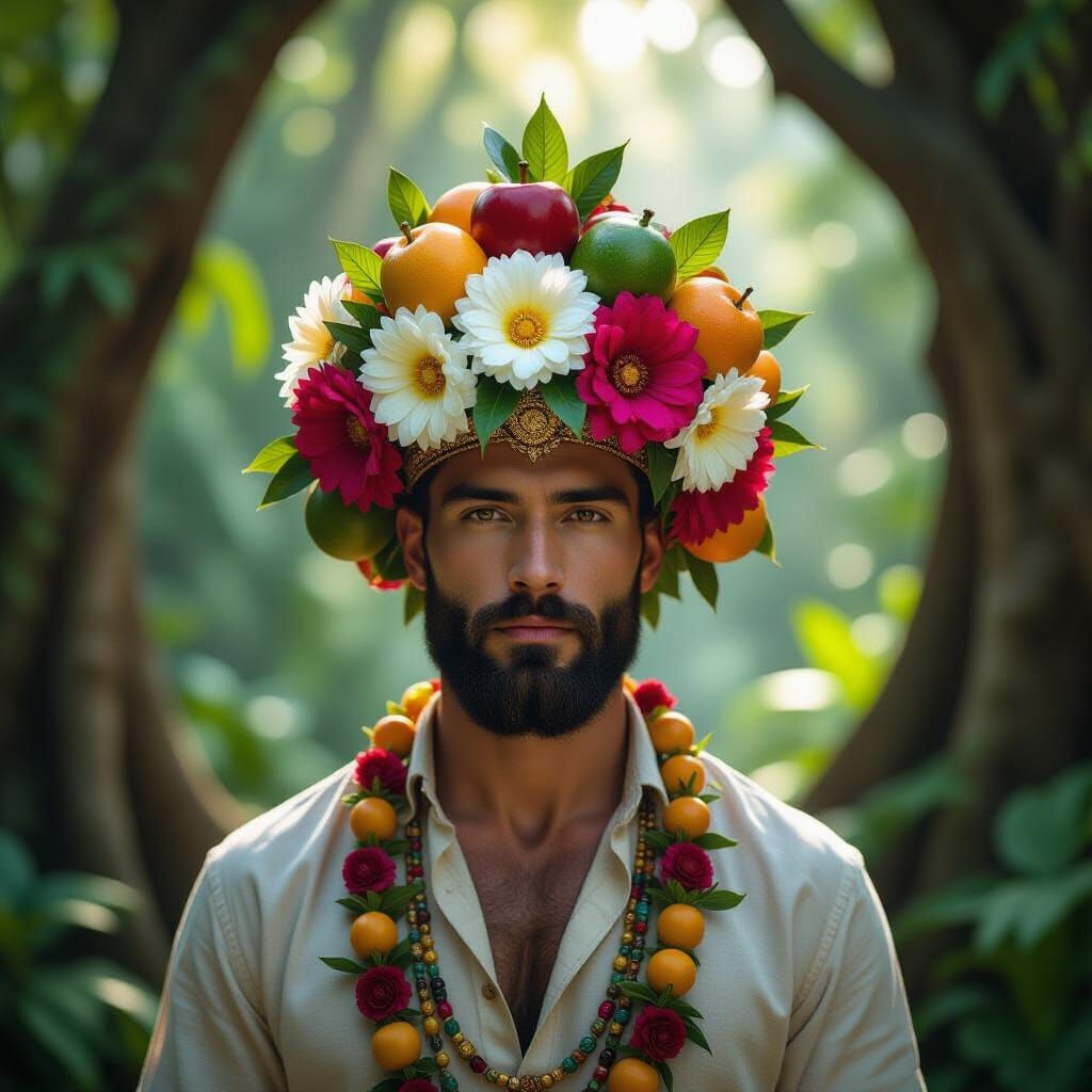 Majestic Man in Floral Headpiece in Ancient Forest