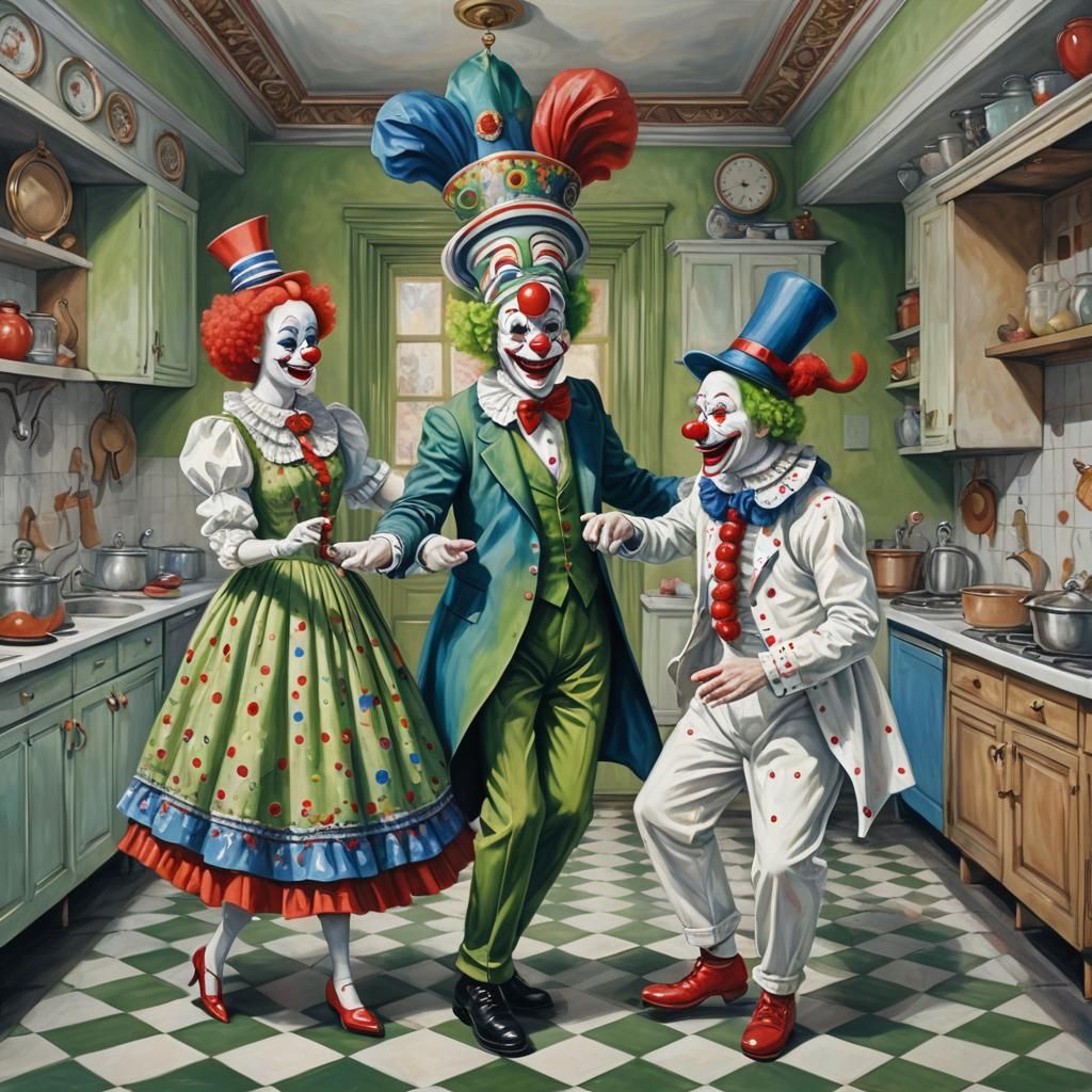 Surreal Clown Figures Dancing with Dog Painting