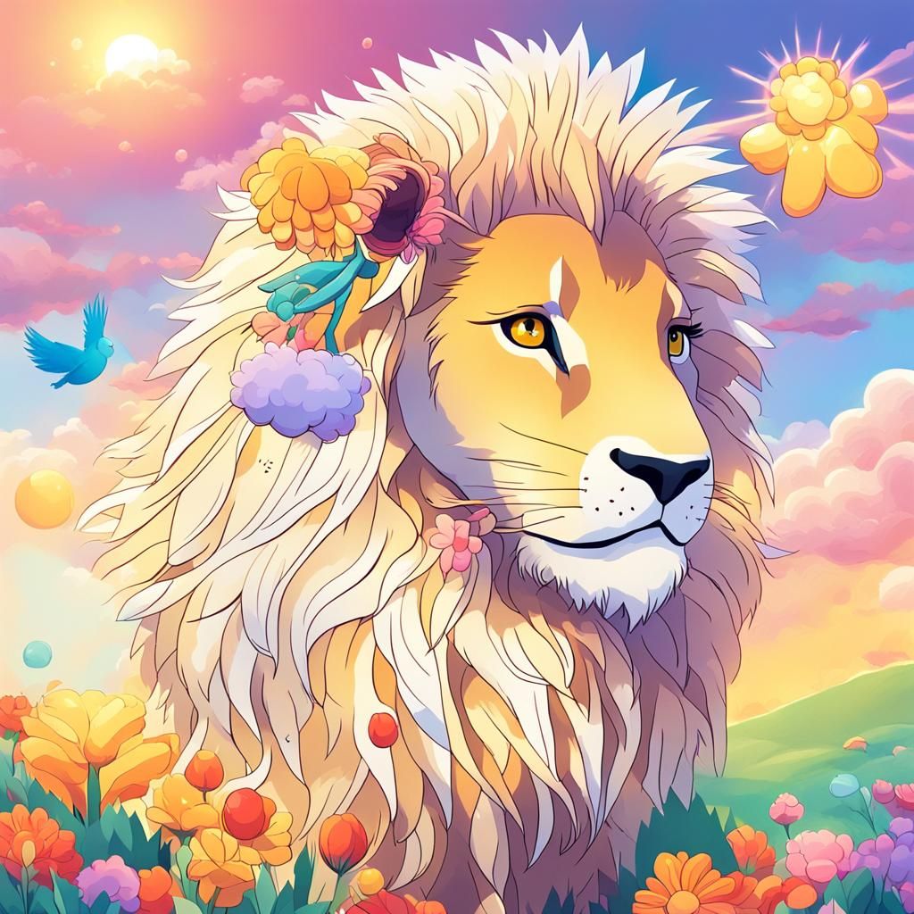 Cute Cartoon Lion with Flowers in Anime Style