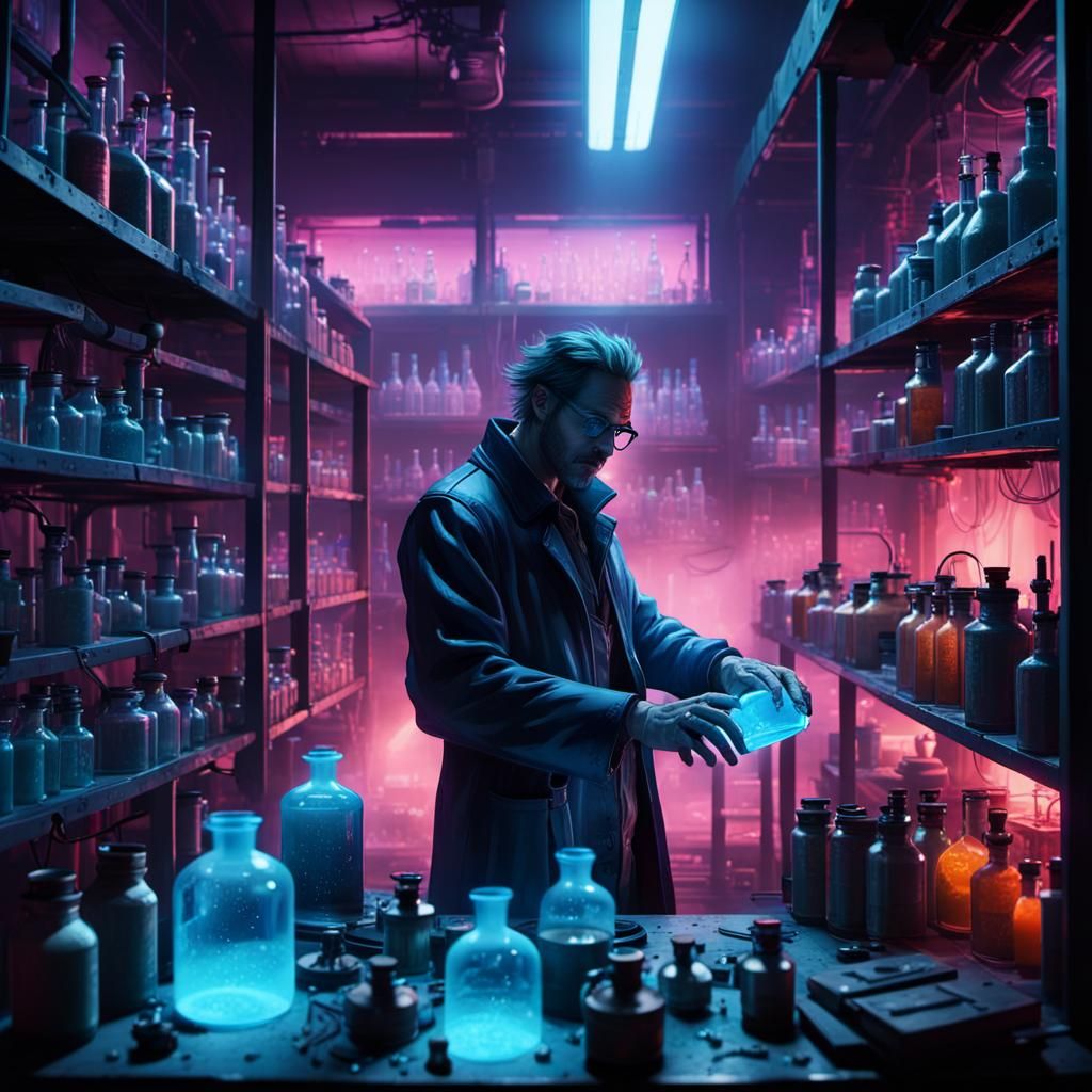 Cyberpunk Alchemist's Laboratory with Steaming Potions