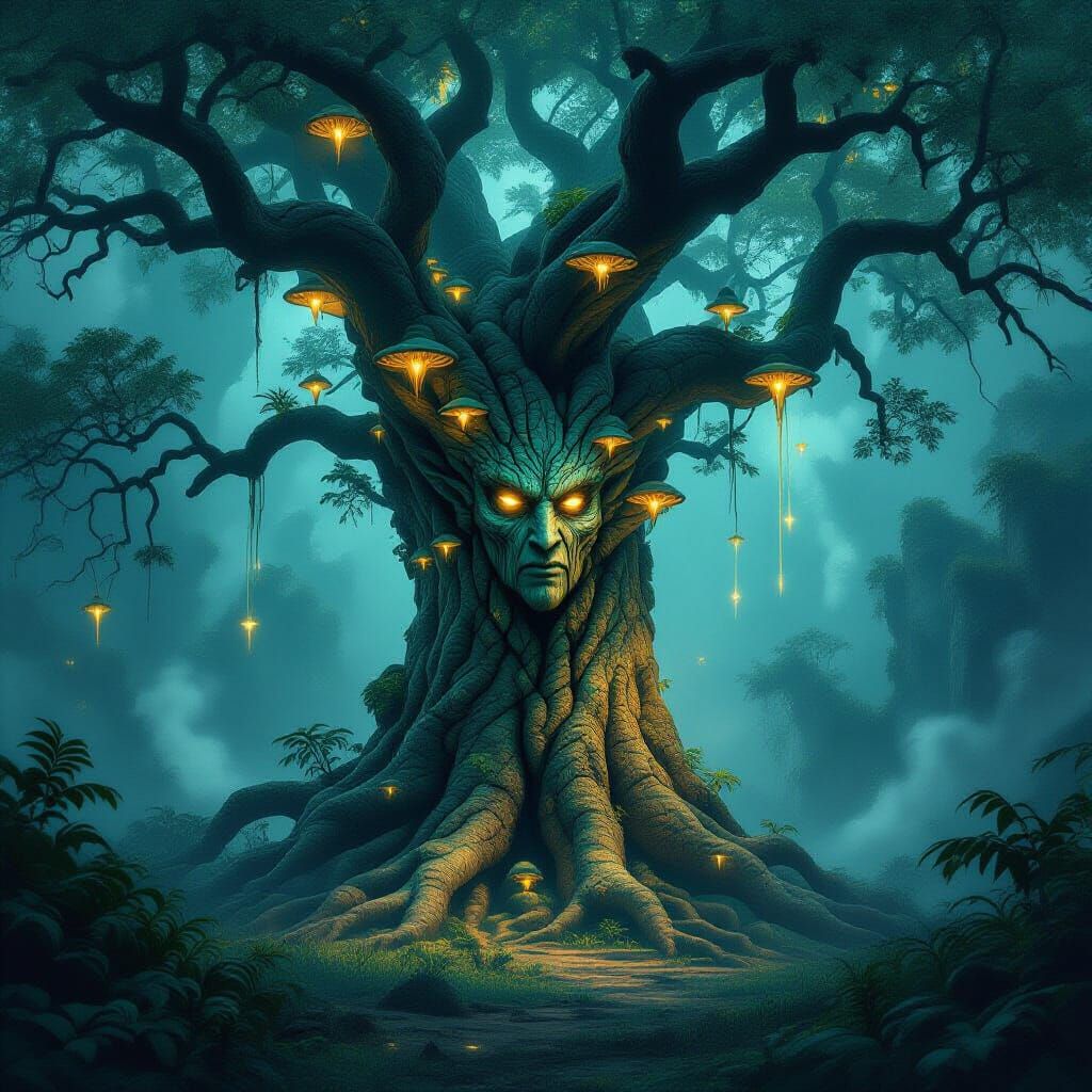Ancient Tree Spirit in Misty Jungle Clearing, Dark Fantasy A...