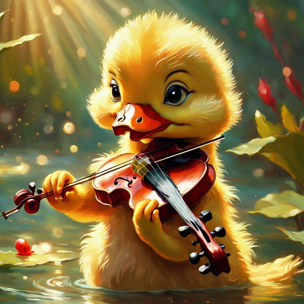 Dancing Duckling Plays Violin in Oil Painting