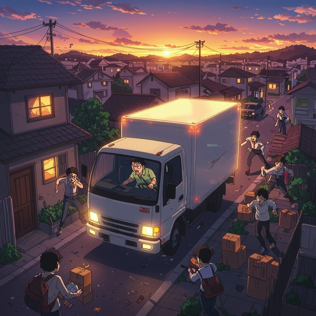 Glowing Truck Flees Angry Town at Sunset in Anime Style