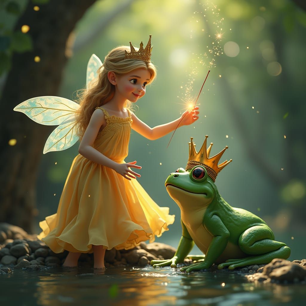 Good Fairy Godmother Waves Magic Wand Over Regal Frog
