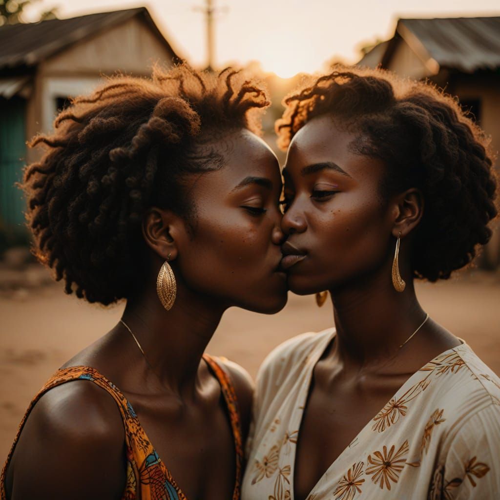African Women in a Tender Kiss, Golden Hour Photography