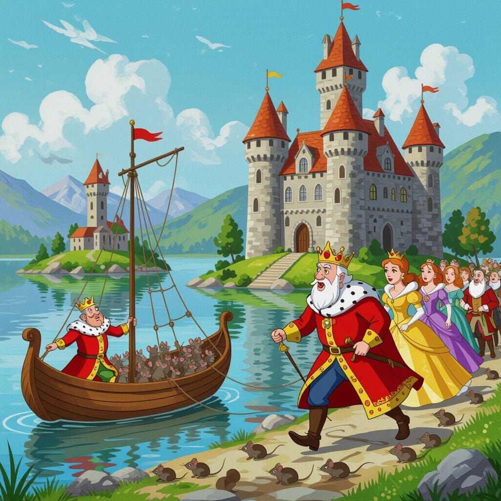 King and Queen Flee Castle by Lake with Mice Following