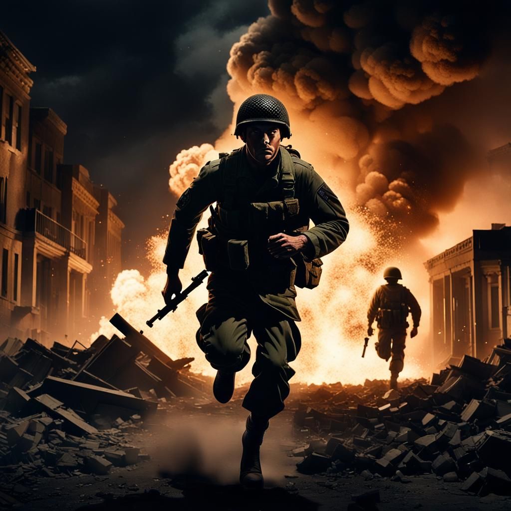 WWII Soldier Silhouetted by Explosion in Film Noir Style