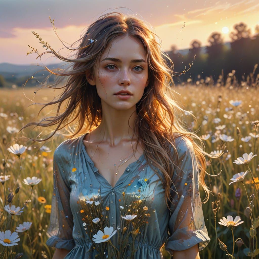 Ethereal Girl in Flower Field, Watercolor Splash Art