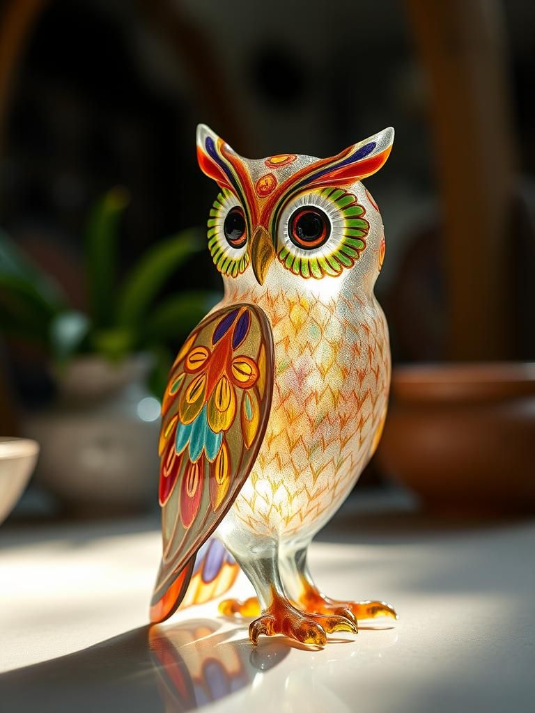 Translucent Enameled Glass Owl Figurine