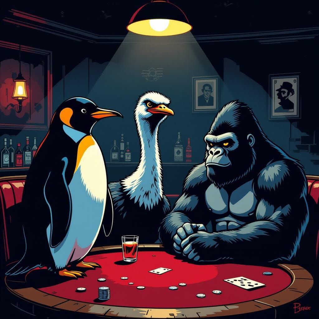 Noir Poker Game with Penguin, Ostrich, and Gorilla