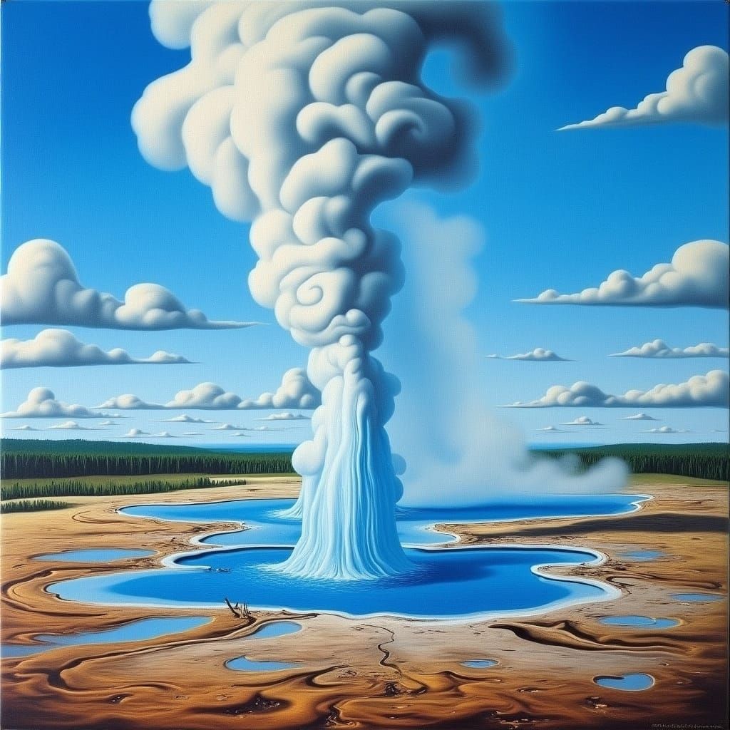 Dreamlike Old Faithful Geyser in Surrealist Landscape