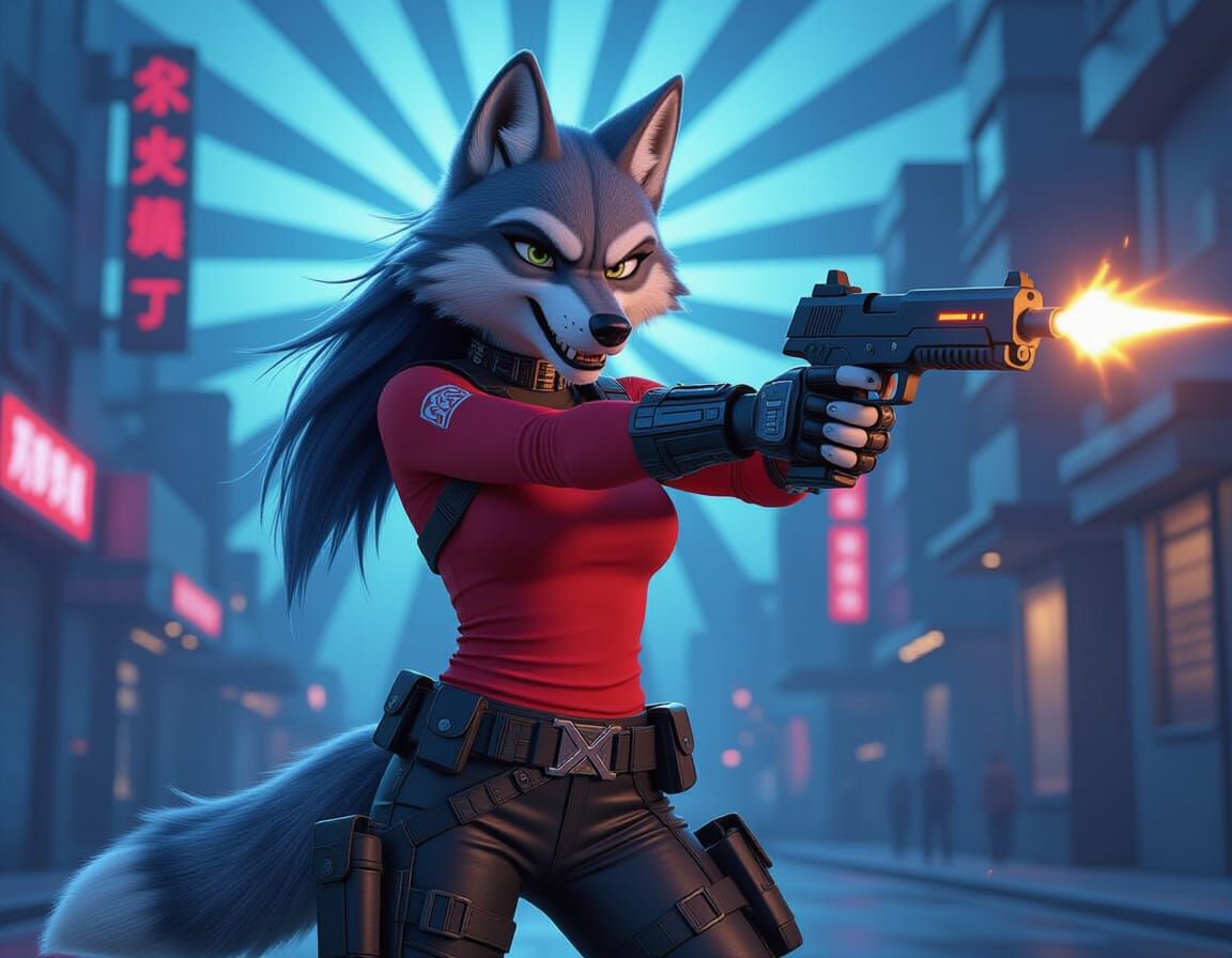 Cybernetic Dire Wolf Huntress in Futuristic City