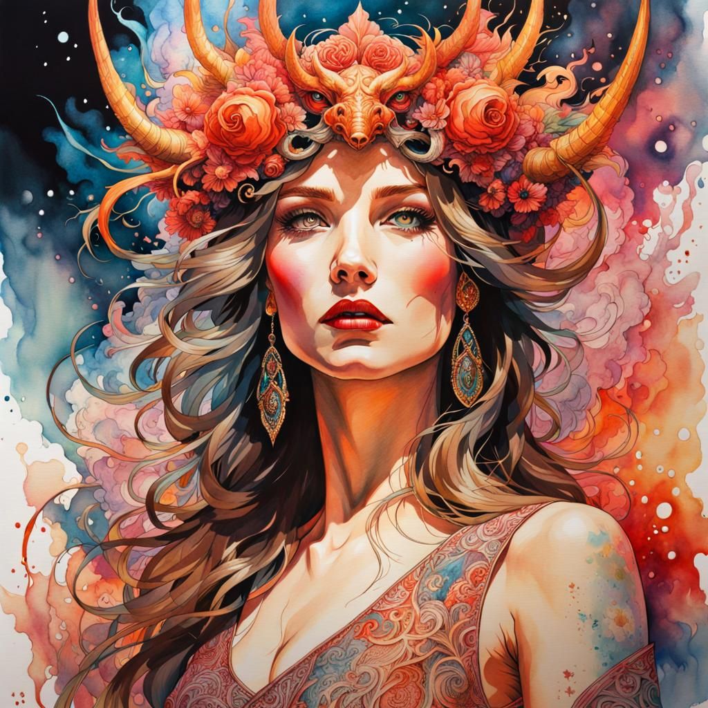 Art Nouveau Demon Portrait in Watercolor