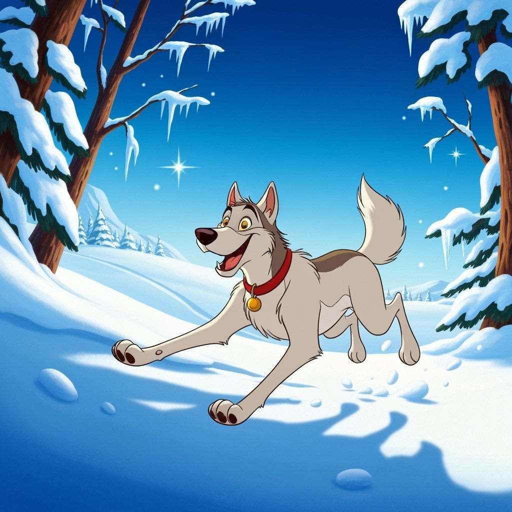 Balto Runs in Cartoon Winter Landscape
