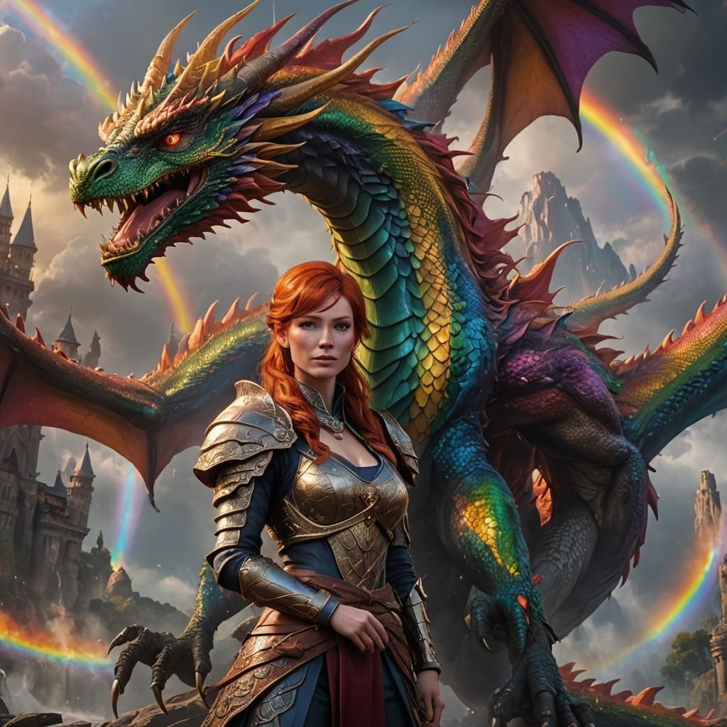 Redhead and Rainbow Dragon: Fantasy Concept Art