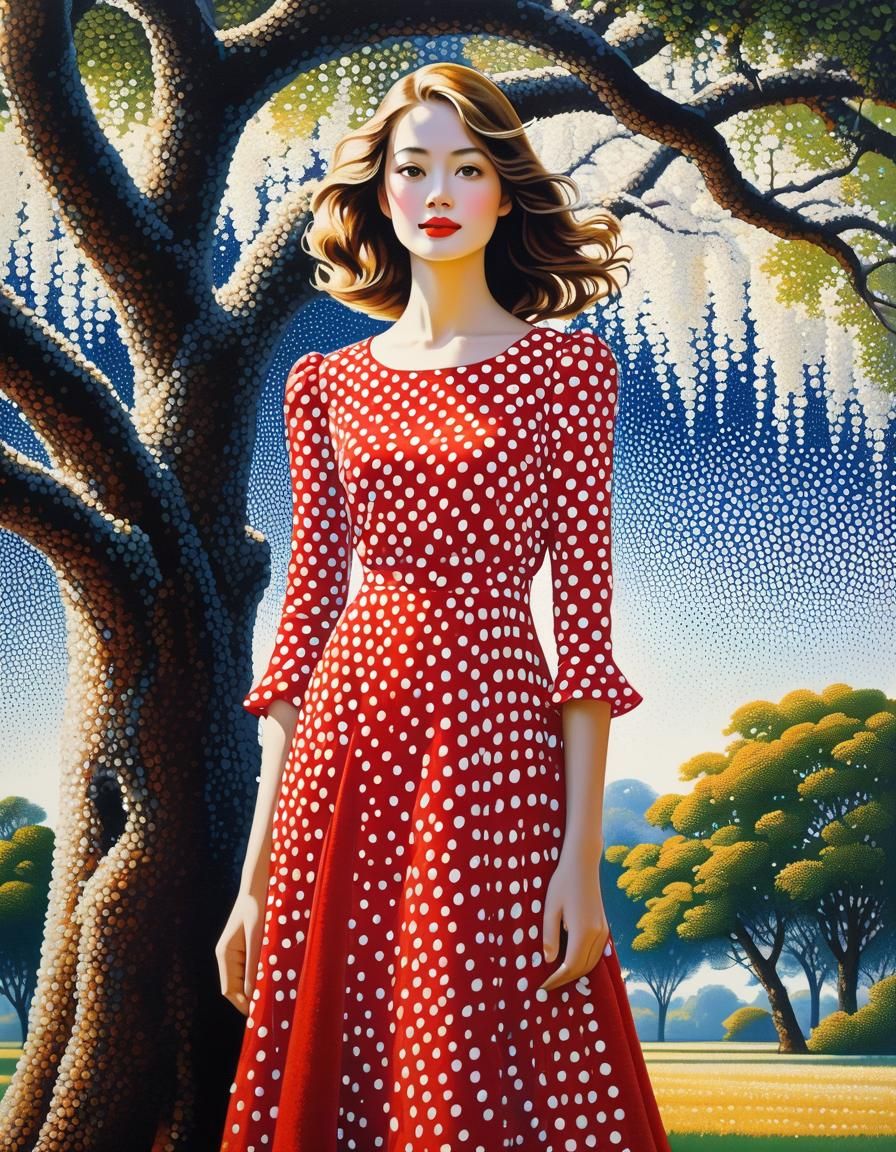 Whimsical Pointillist Portrait of Woman in Polka Dots