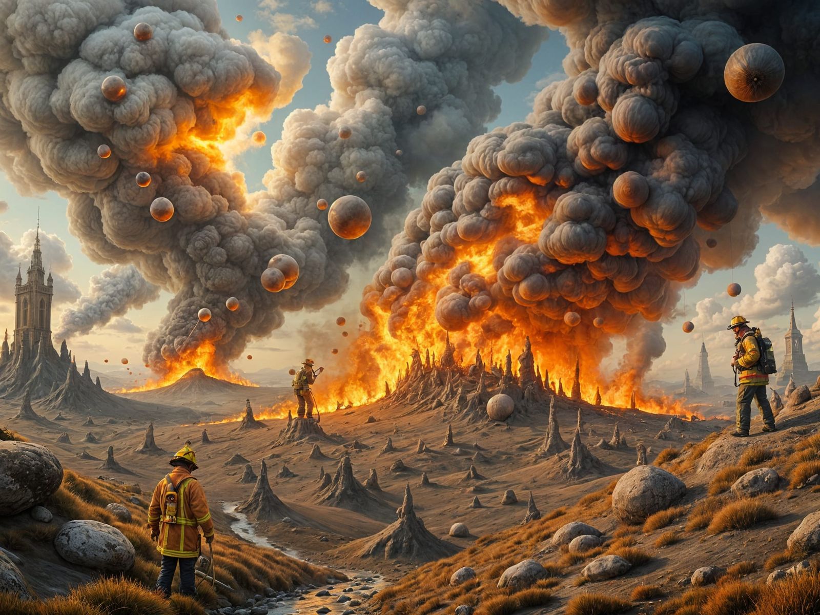 Surreal Firefighters Battle Enormous Blaze in Weird Worlds
