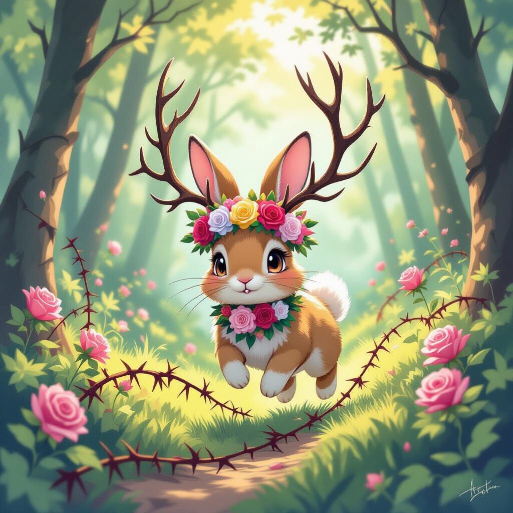 Rabbit with Thorny Antlers in Anime Style