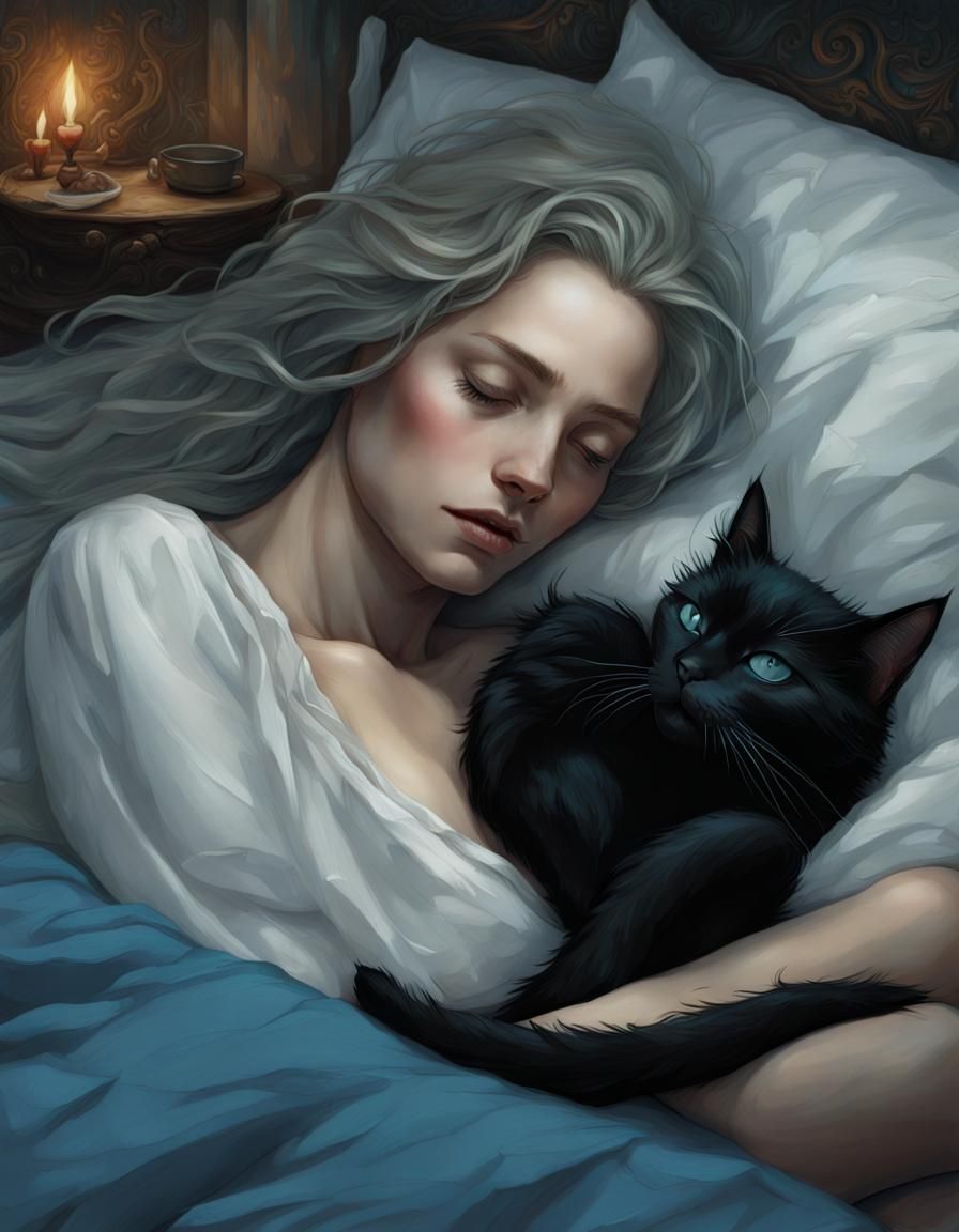 Woman with Blue Hair and Black Cat: Fantasy Art