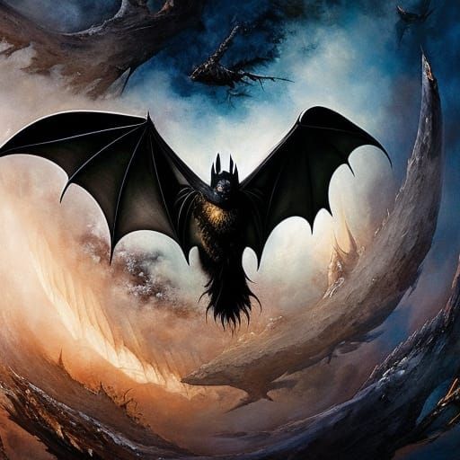 Magnificent Bat in Detailed Gouache Painting