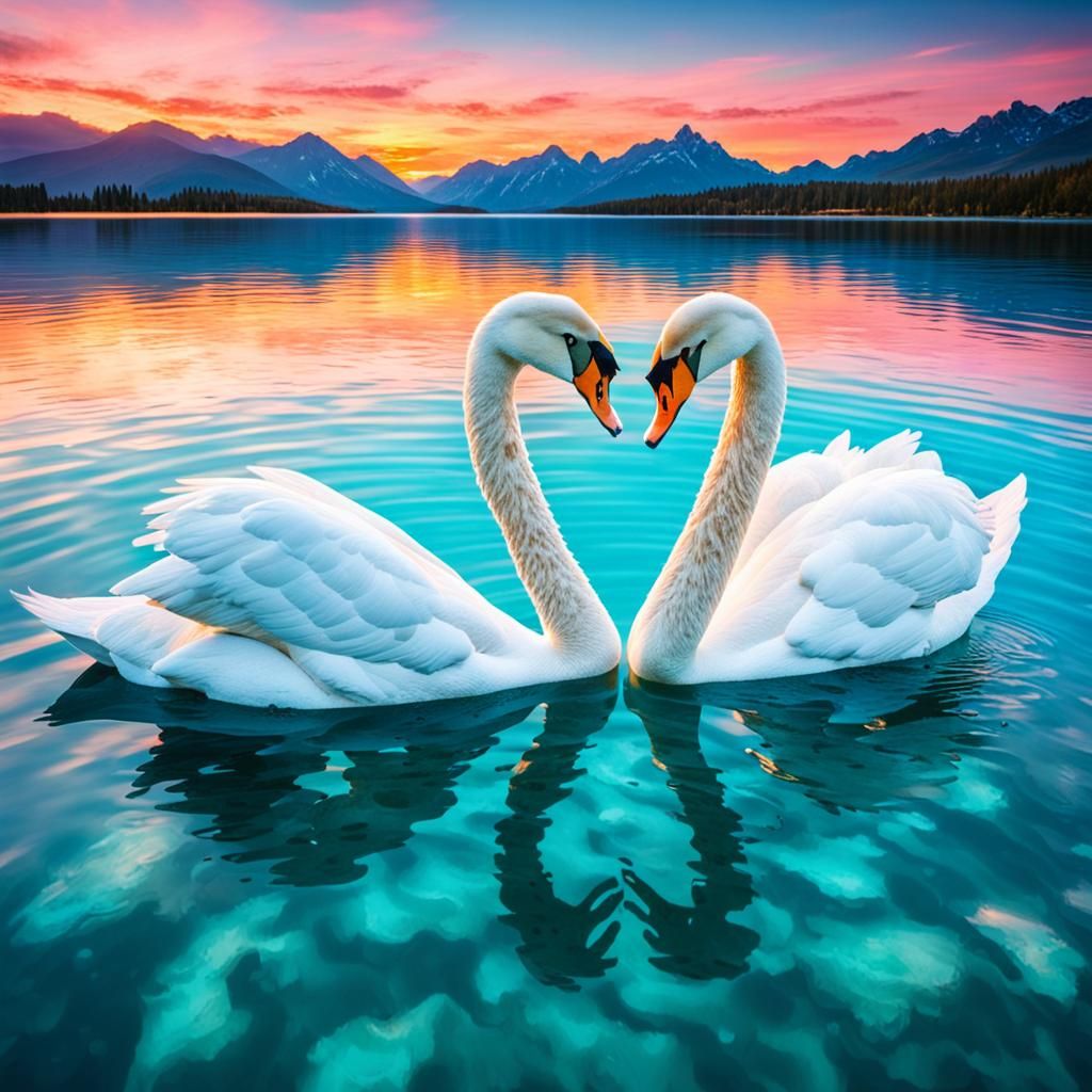 Crystal Swans Heart on Turquoise Lake at Sunset