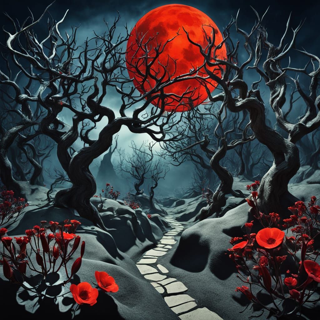 Mysterious Garden Under Red Moon in Surrealist Style