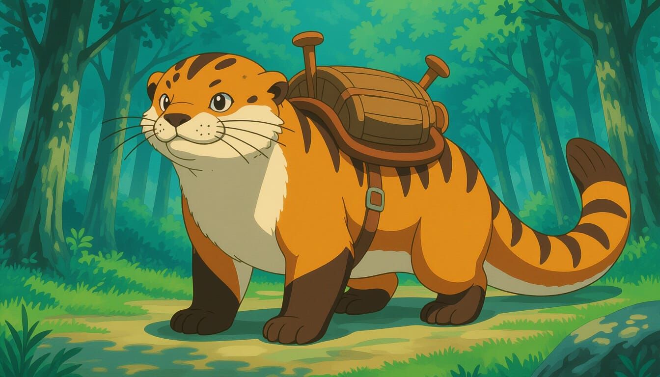 Hybrid Fantasy Creature with Otter Head in Ghibli Style
