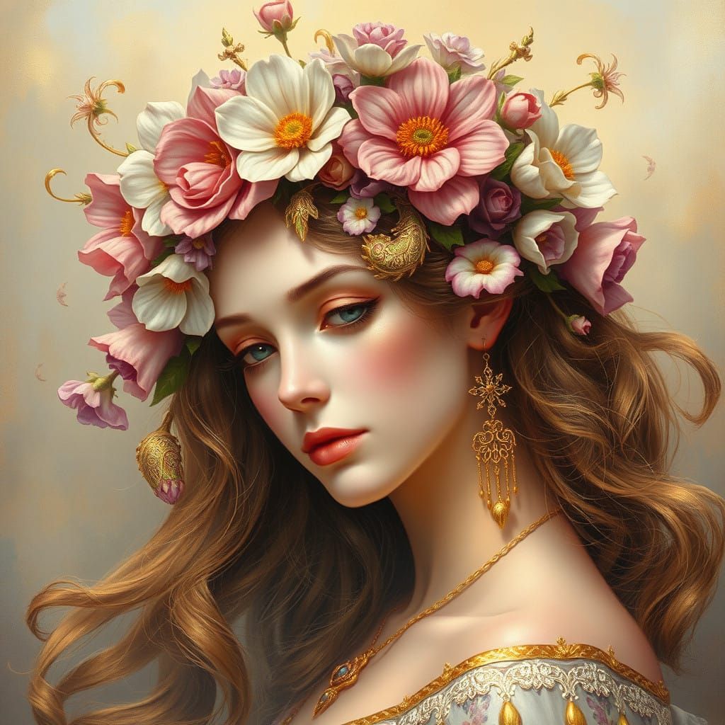 Ethereal Fantasy Lady Amidst Golden Paisley Florals in her H...