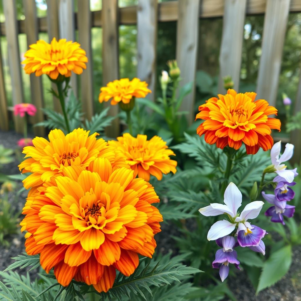 Marigolds and Freesias in a Watercolor Garden