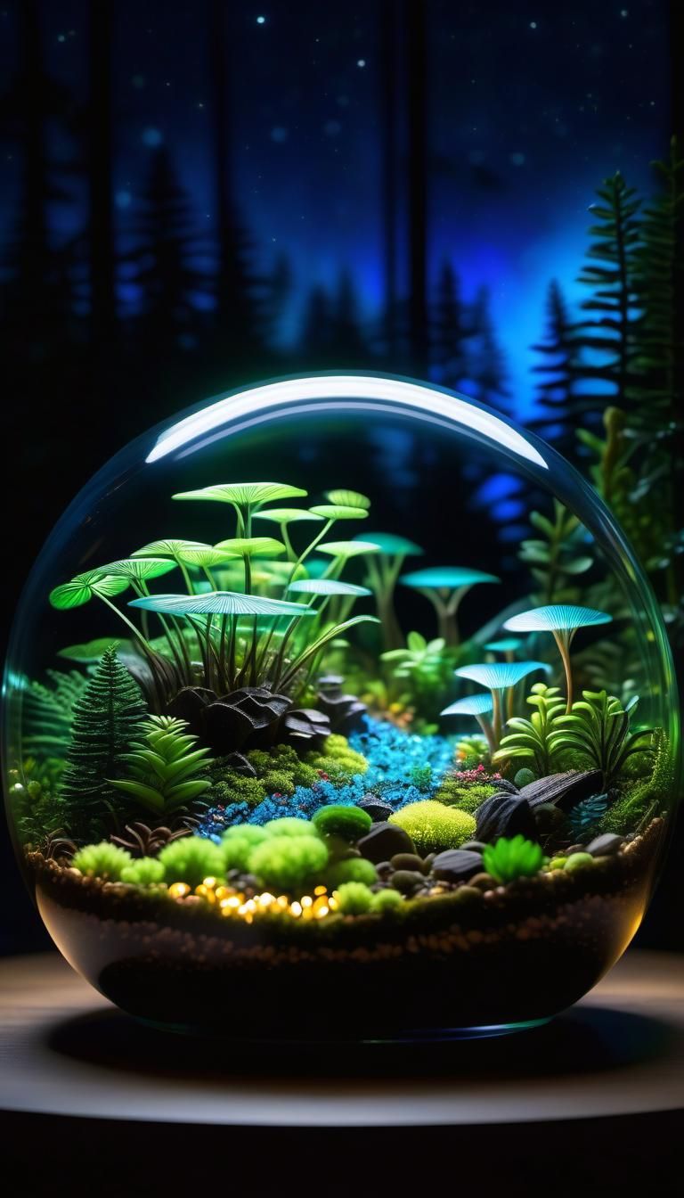 Bioluminescent Forest in Nighttime Terrarium