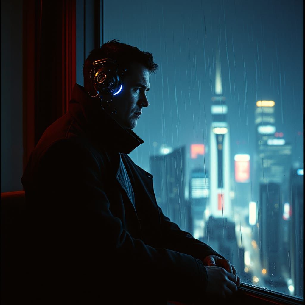Cyborg Poet Gazing at Neon Cityscape in Cyberpunk Style