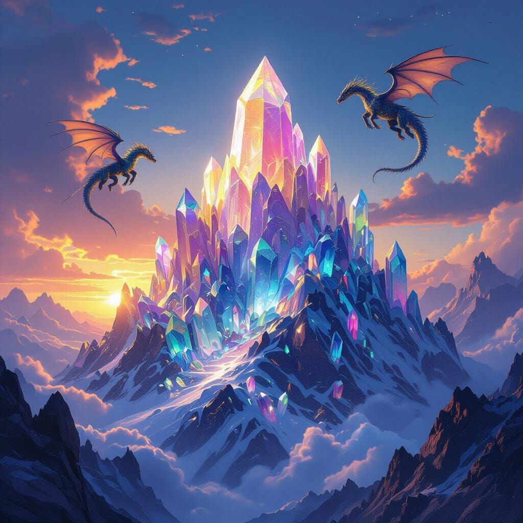 Crystal Mountain with Dragons in Golden Hour Sky