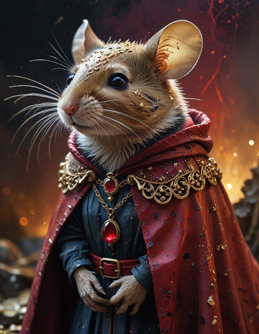 Ethereal Renaissance Mouse in Crimson Cape with Ruby Pendant