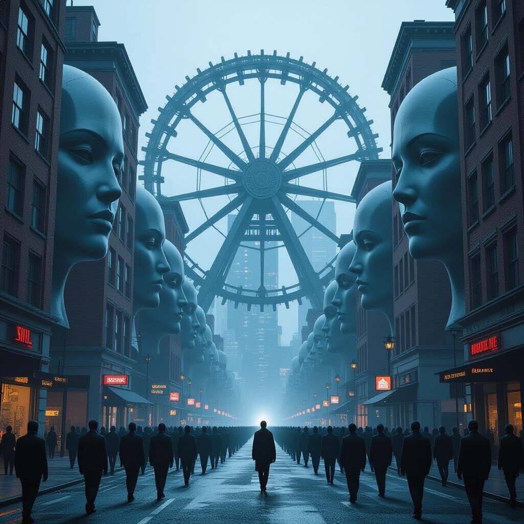 Surreal Dystopian City with Giant Faces and Marching Crowds