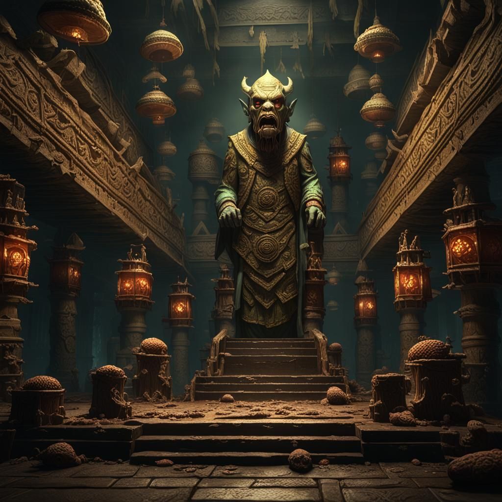 Creepy Interior of Dagon's Temple in Dark Fantasy Style