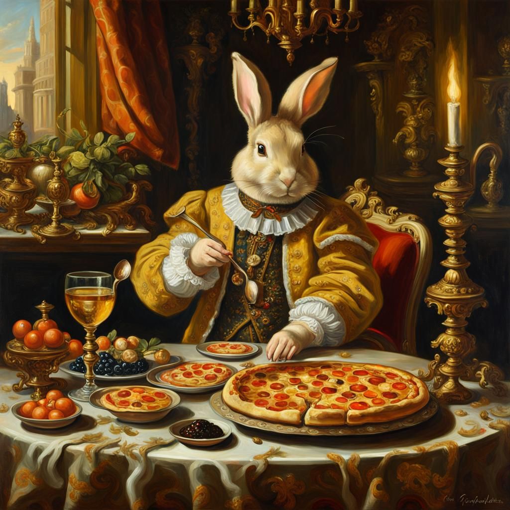 Rabbit Saint Eats Caviar: A Baroque Oil Painting