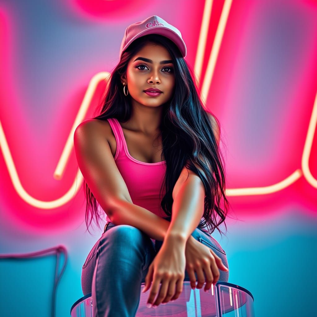 Portrait of a Beautiful Young Woman with Neon Sign