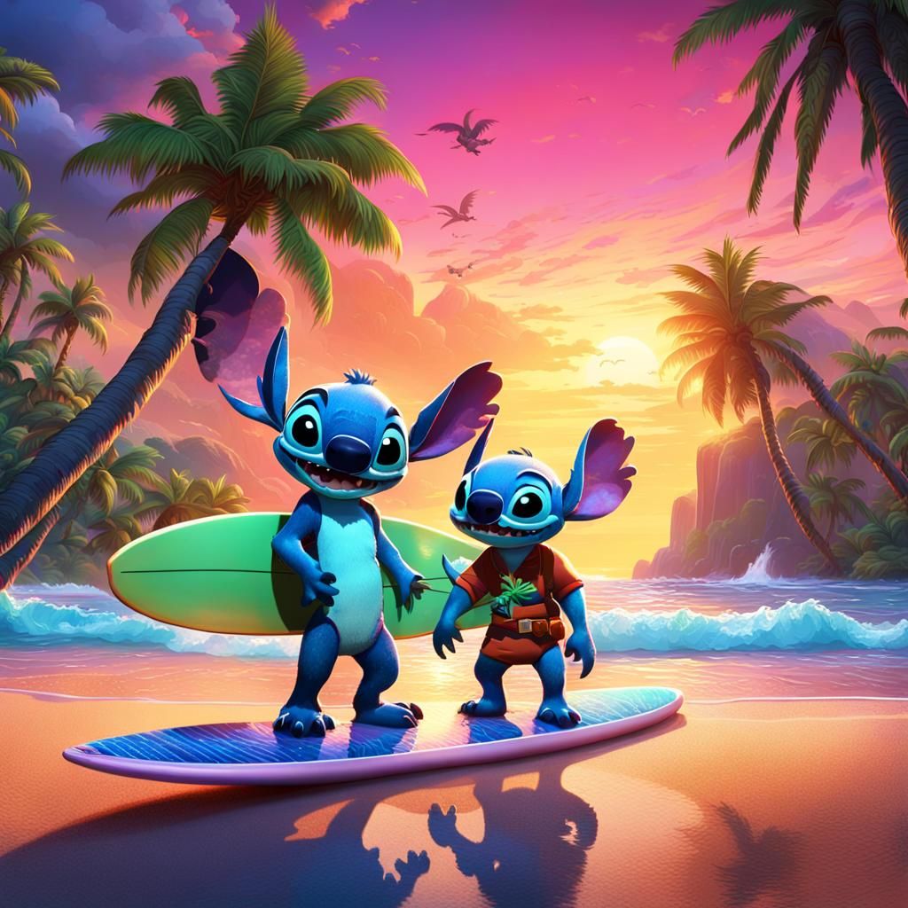 Stitch on a Tropical Beach at Sunrise
