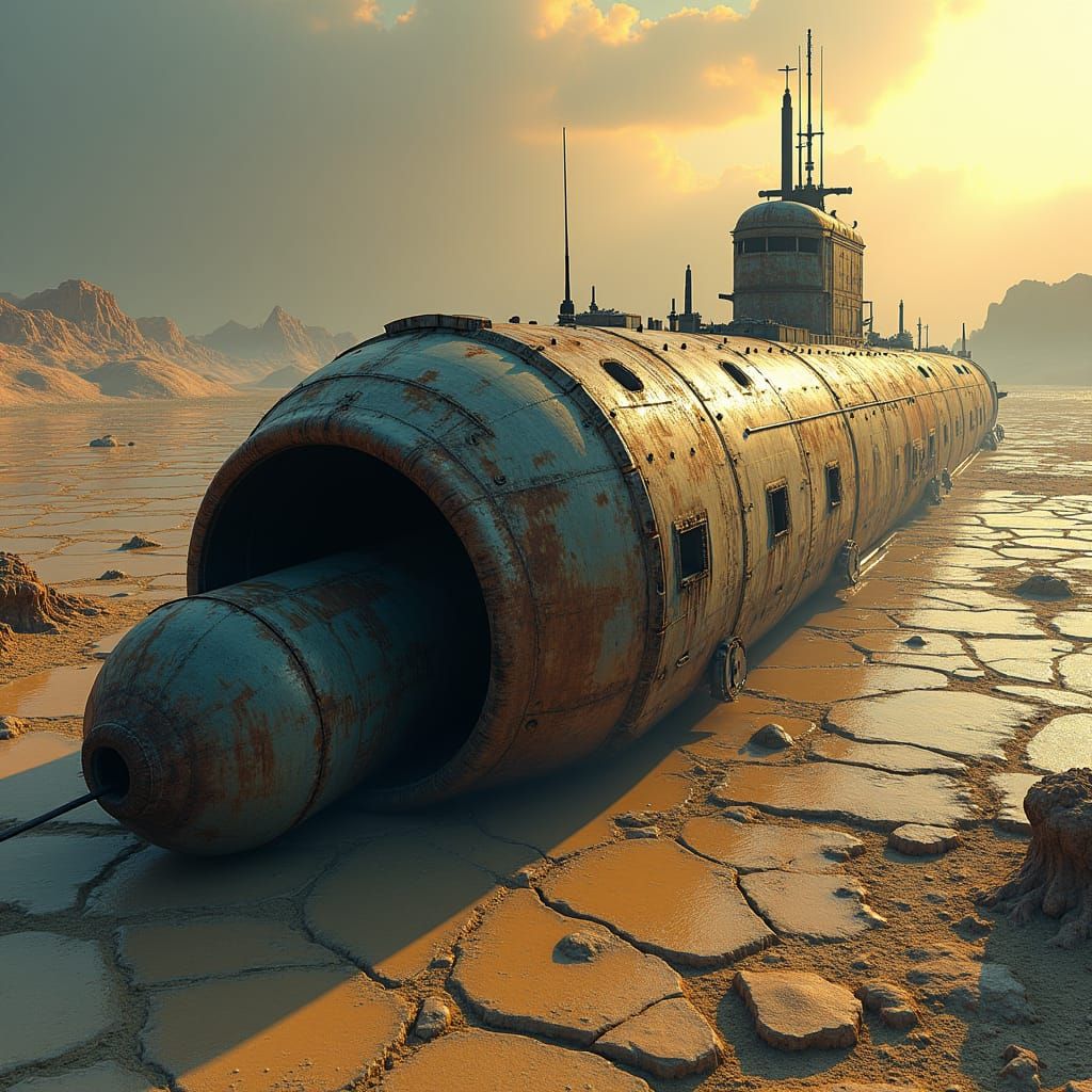 Wrecked Submarine on Dried Seabed in Dystopian Style