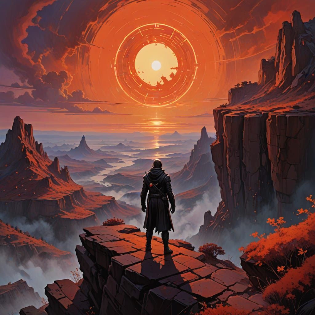 Confident Hero Stands at Cliff's Edge, Gazing Toward a Vibra...