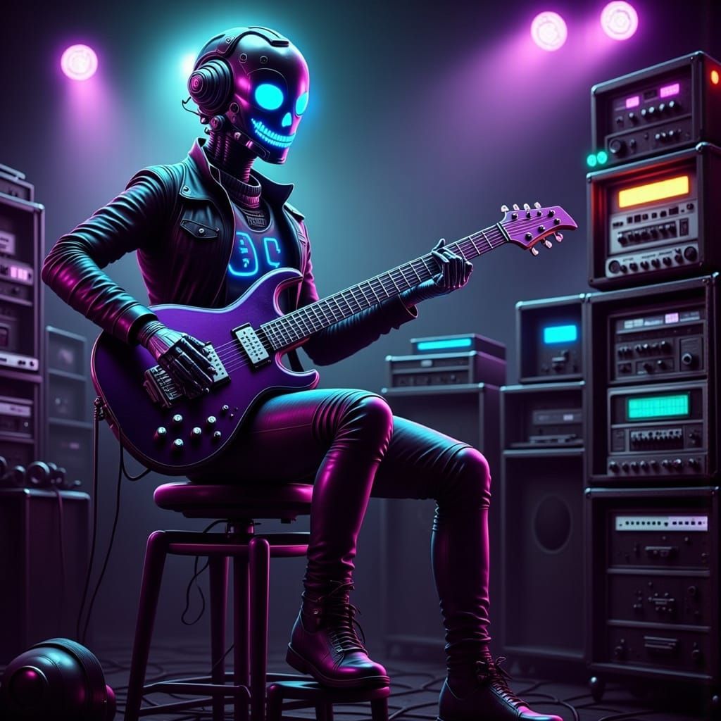 Futuristic Robot Shredding on Guitar in Neon-Lit Music Club